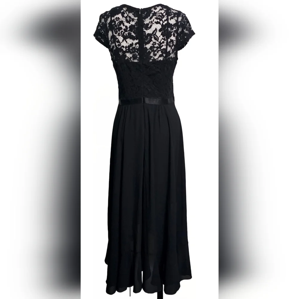 Miusol Formal Bridesmaid Lace V-Neck Coquette Ruffle Black Whimsigoth Maxi Dress - Picture 4 of 7